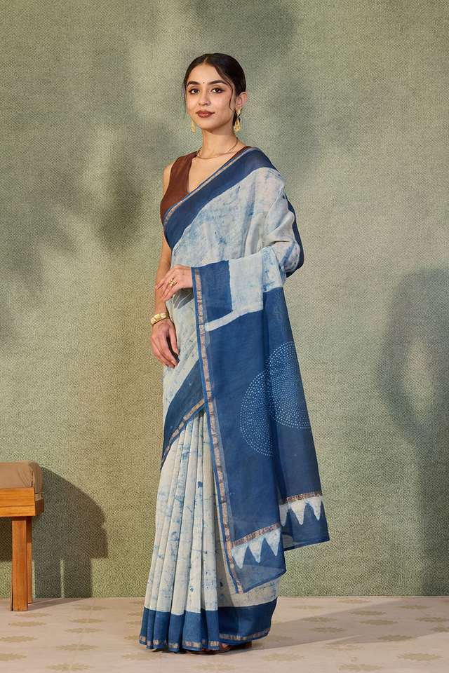 Off White Rajasthan Block Printed Pure Silk Cotton Saree thumbnail image number null
