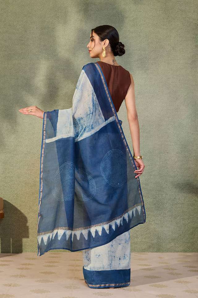 Off White Rajasthan Block Printed Pure Silk Cotton Saree thumbnail image number null