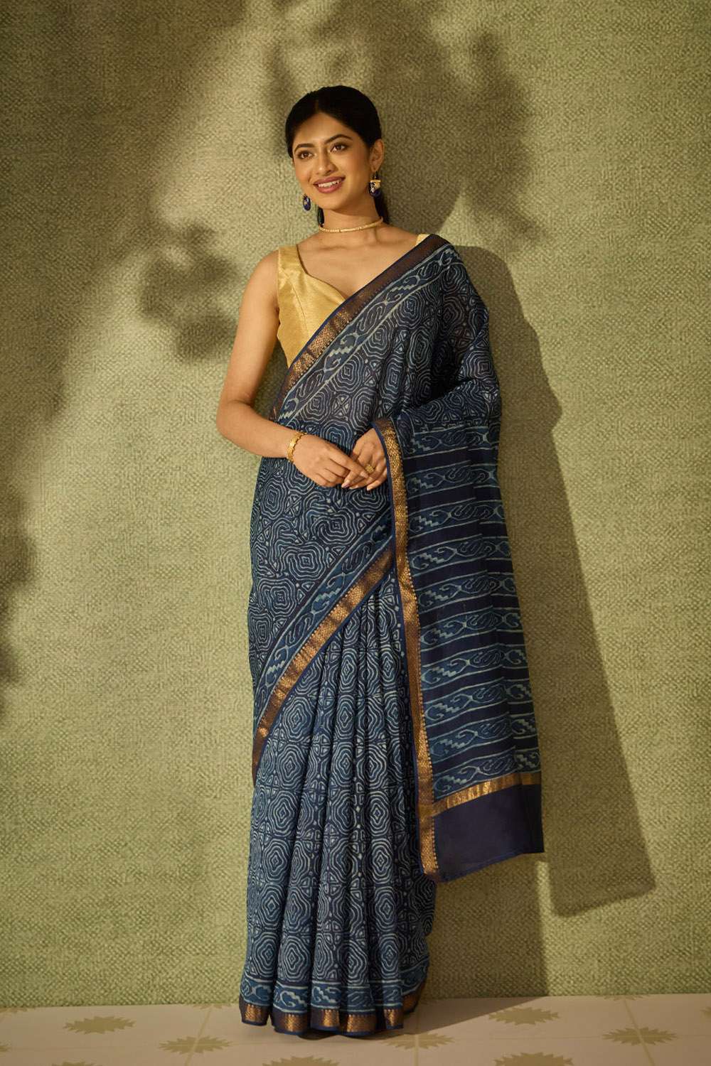 Blue Rajasthan Block Printed Pure Silk Cotton Saree image number null