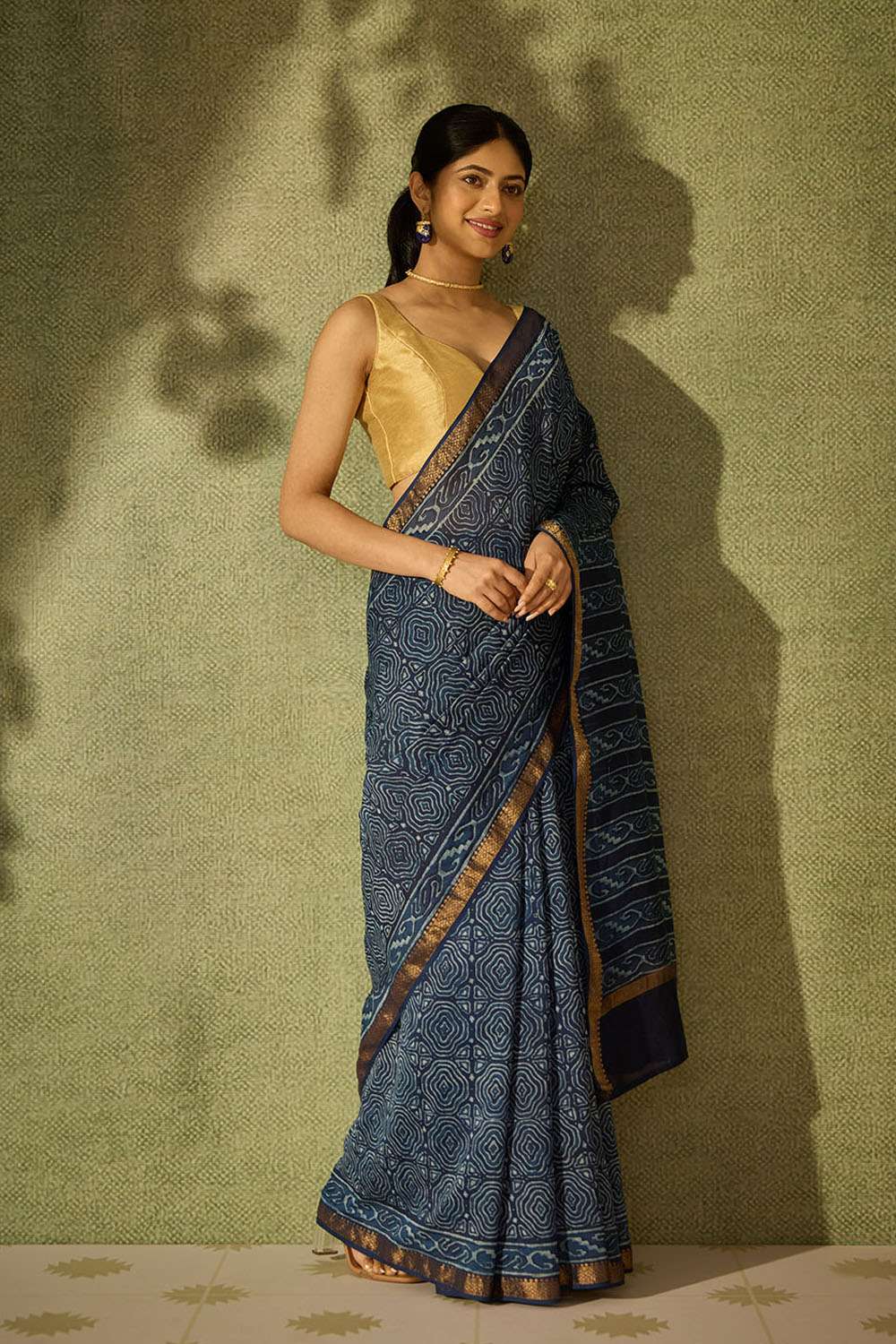 Blue Rajasthan Block Printed Pure Silk Cotton Saree image number null