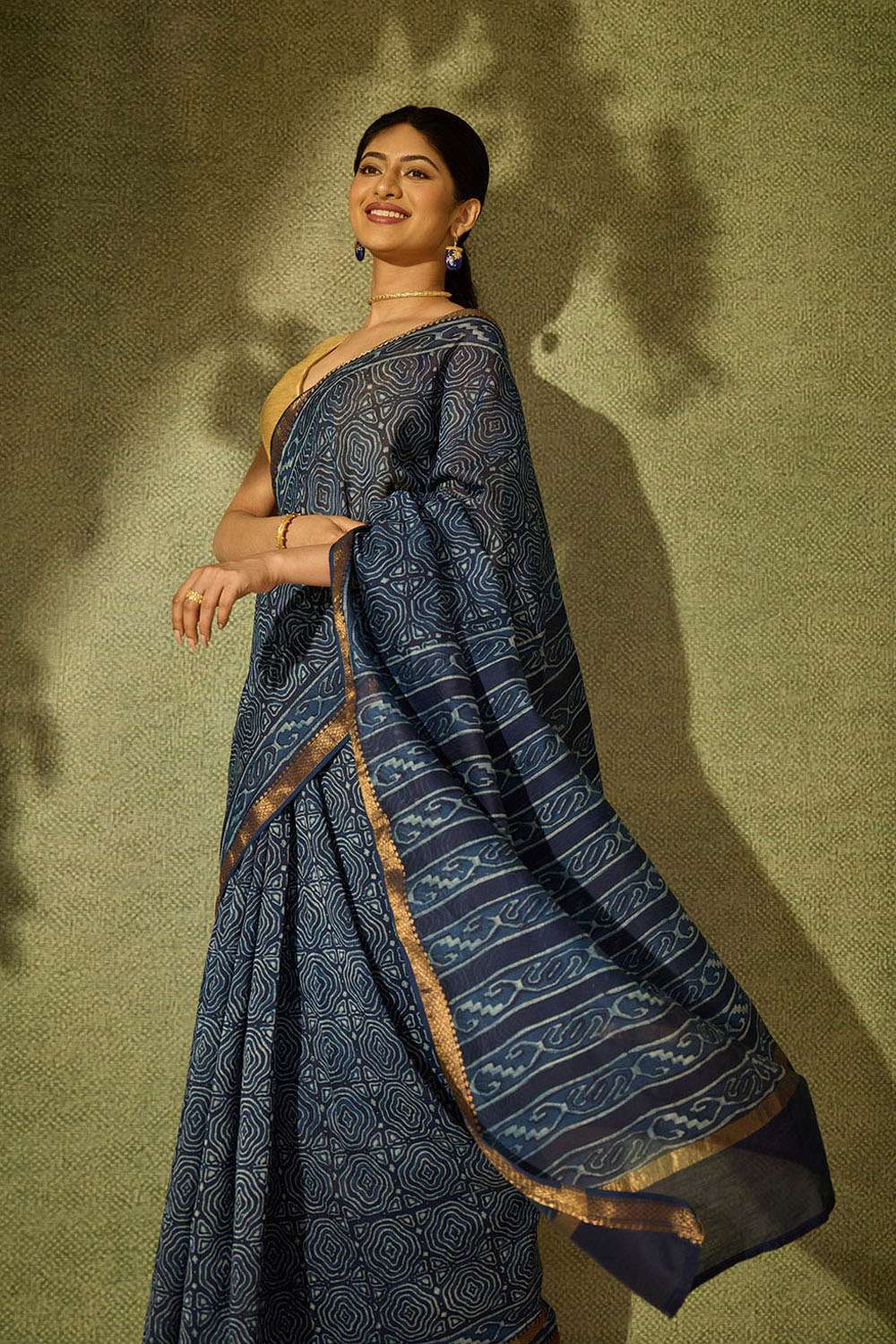 Blue Rajasthan Block Printed Pure Silk Cotton Saree image number null