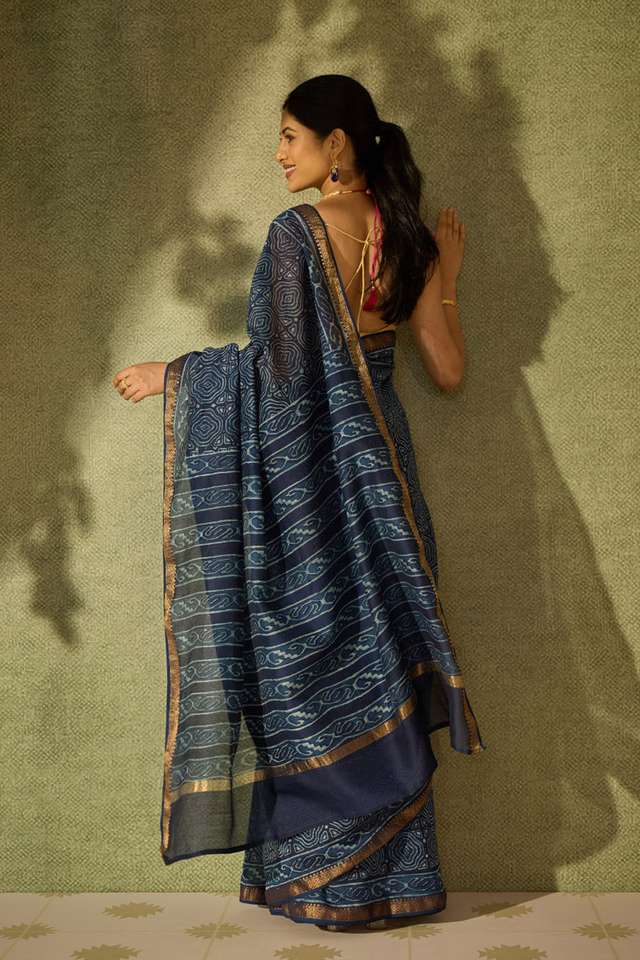 Blue Rajasthan Block Printed Pure Silk Cotton Saree thumbnail image number null