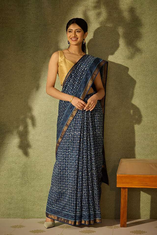Blue Rajasthan Block Printed Pure Silk Cotton Saree image number