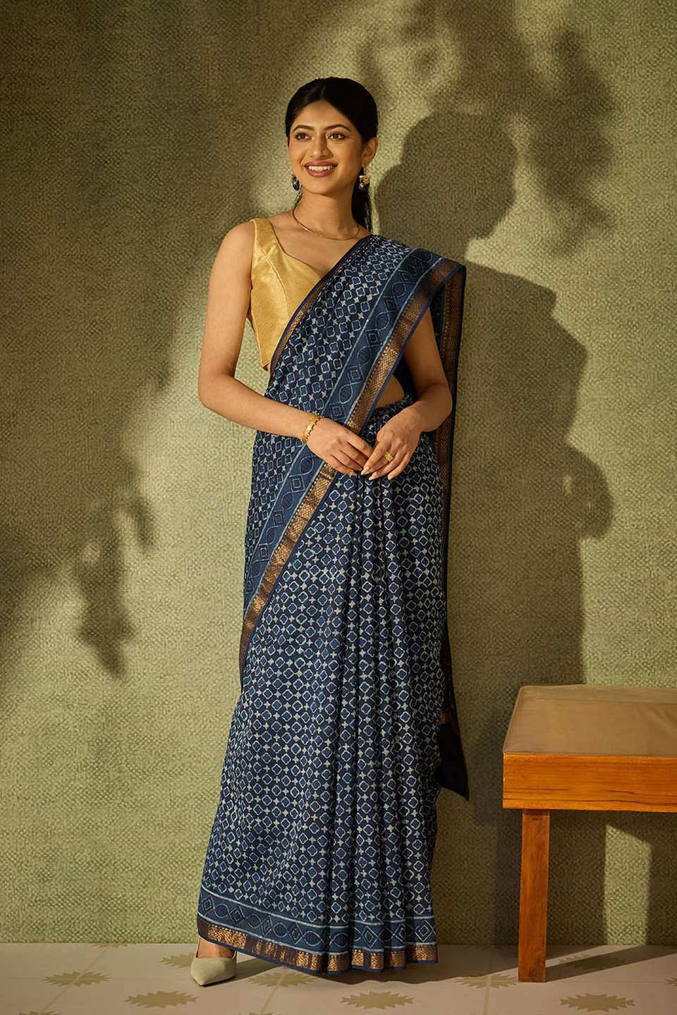 Blue Rajasthan Block Printed Pure Silk Cotton Saree