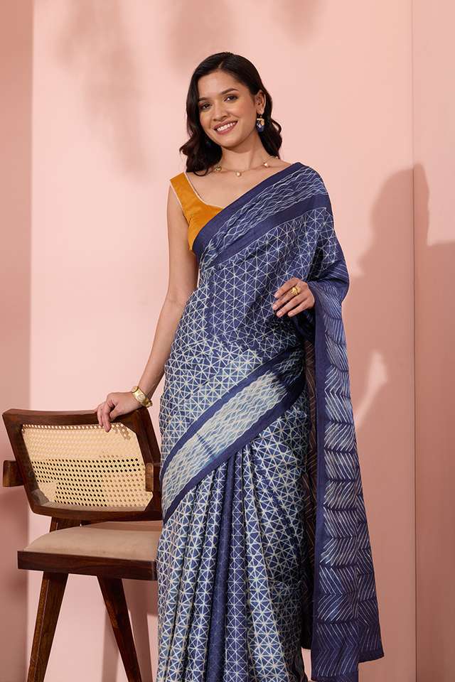 Blue Rajasthan Pure Tussar Silk Tie and Dye Shibori Saree thumbnail image number null