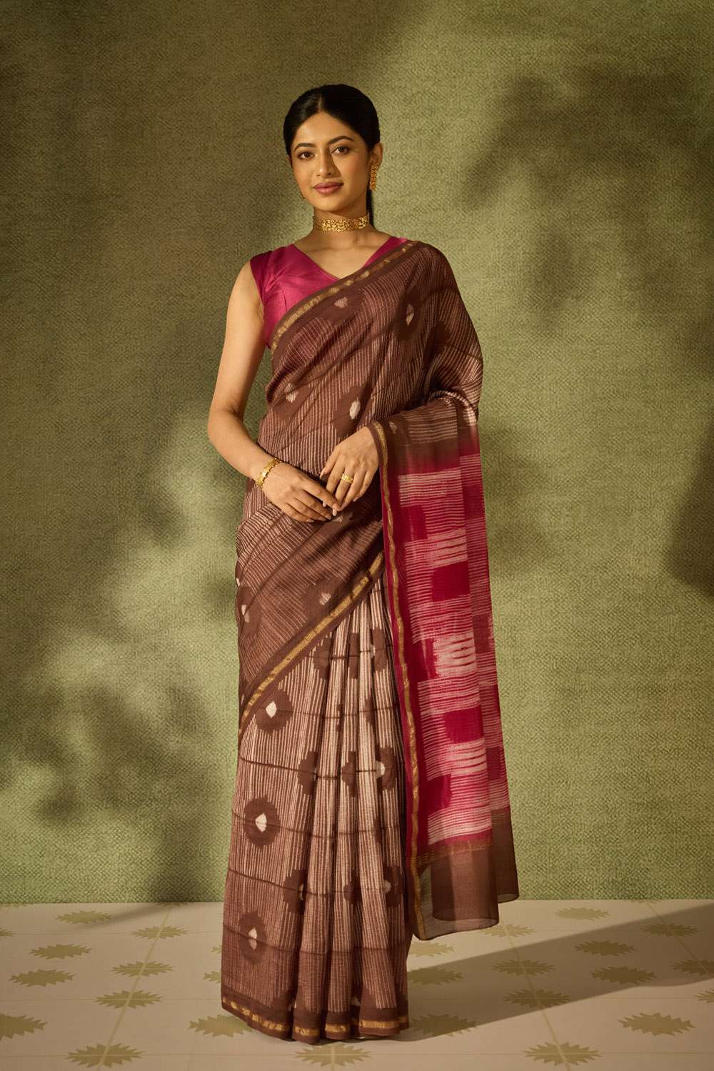 Brown Rajasthan Pure Silk Cotton Tie & Dye Shibori Saree image number null