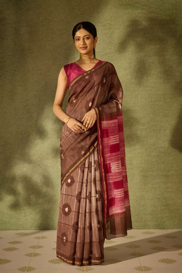 Brown Rajasthan Pure Silk Cotton Tie & Dye Shibori Saree image number