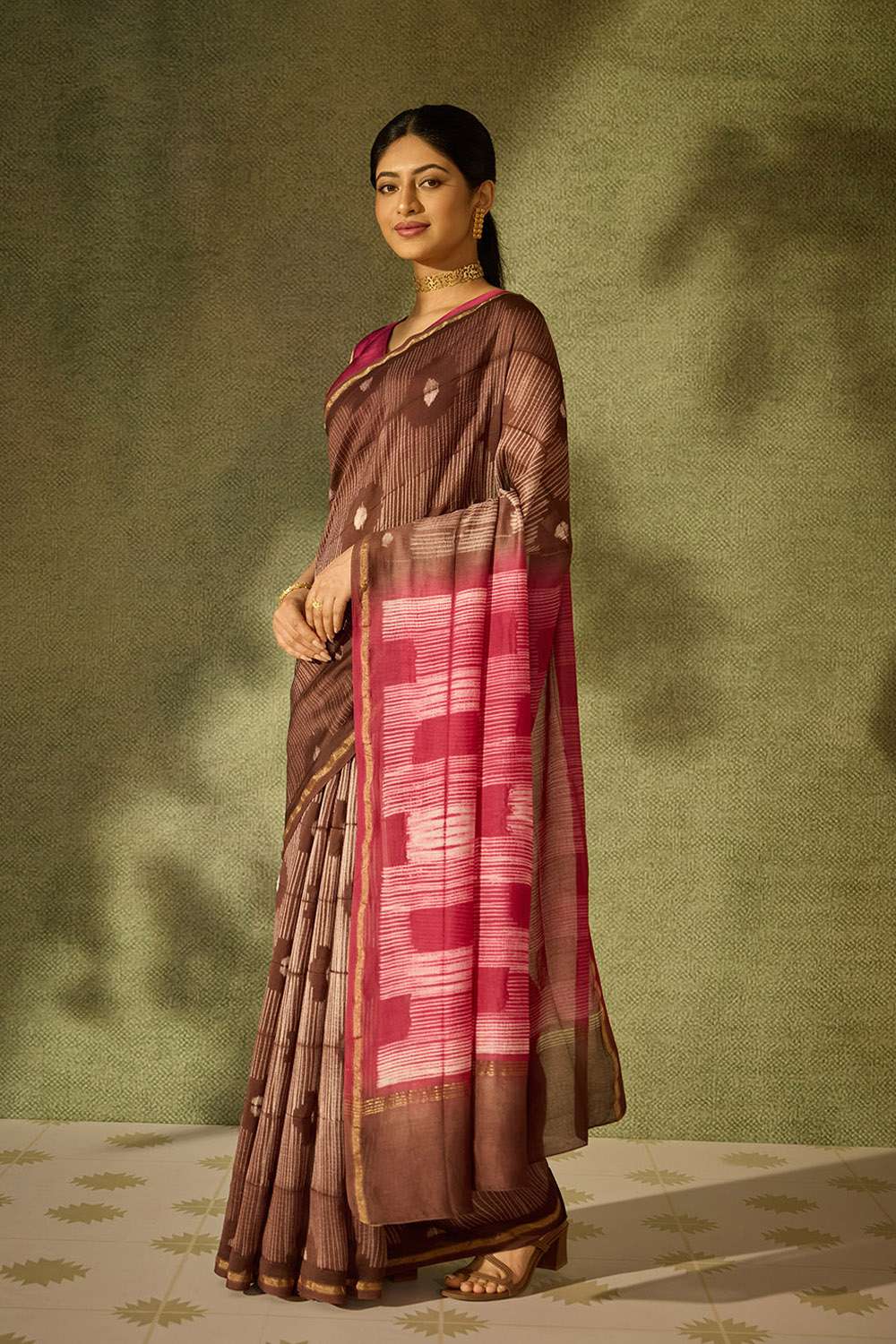 Brown Rajasthan Pure Silk Cotton Tie & Dye Shibori Saree image number null