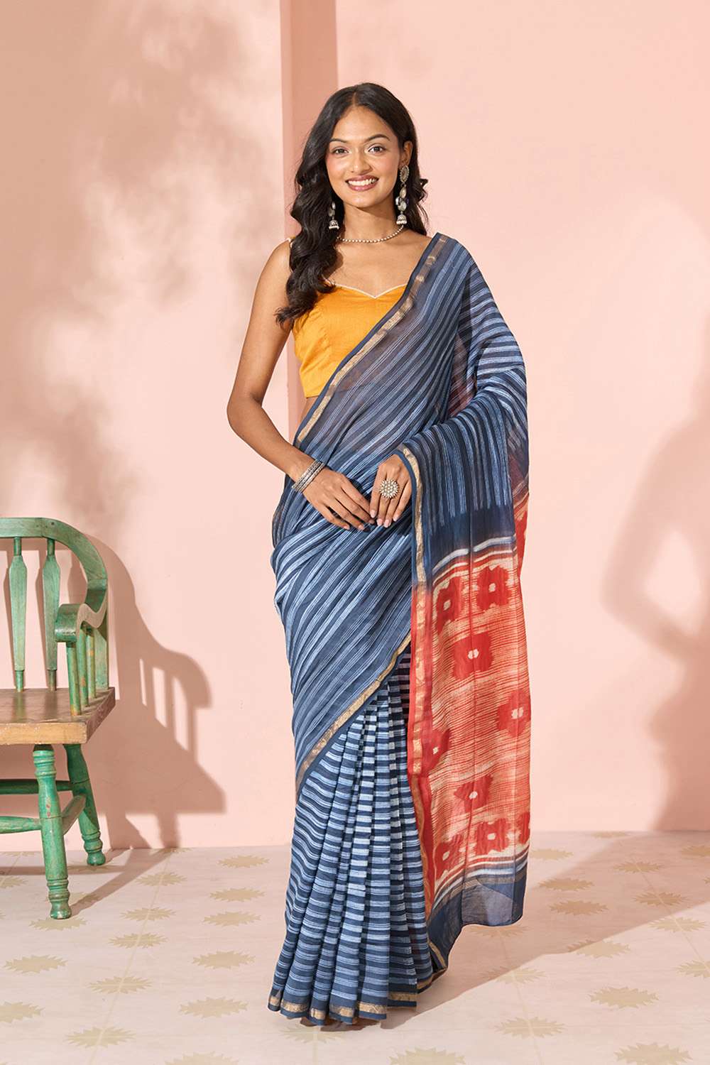 Dark Blue Tie & Dye Shibori Pure Silk Cotton Rajasthan Saree image number null