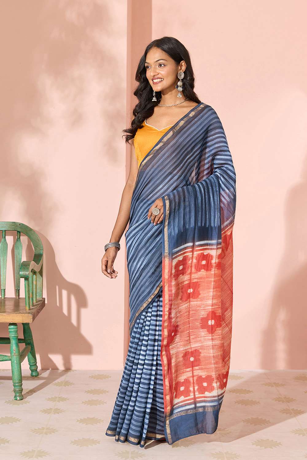 Dark Blue Tie & Dye Shibori Pure Silk Cotton Rajasthan Saree image number null