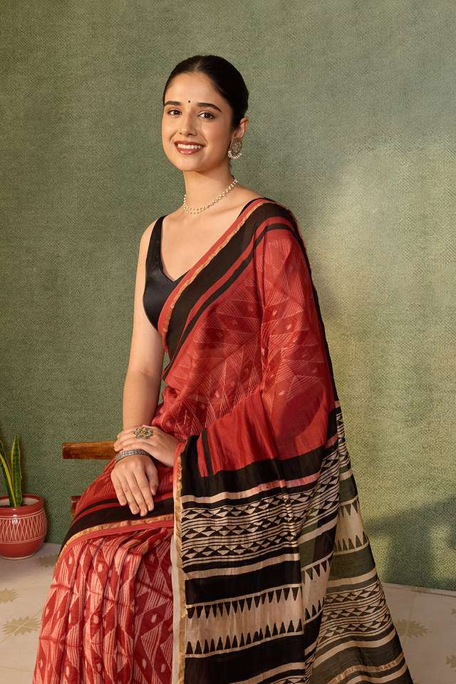 Dark Red Rajasthan Pure Silk Cotton Tie and Dye Shibori Saree thumbnail image number null