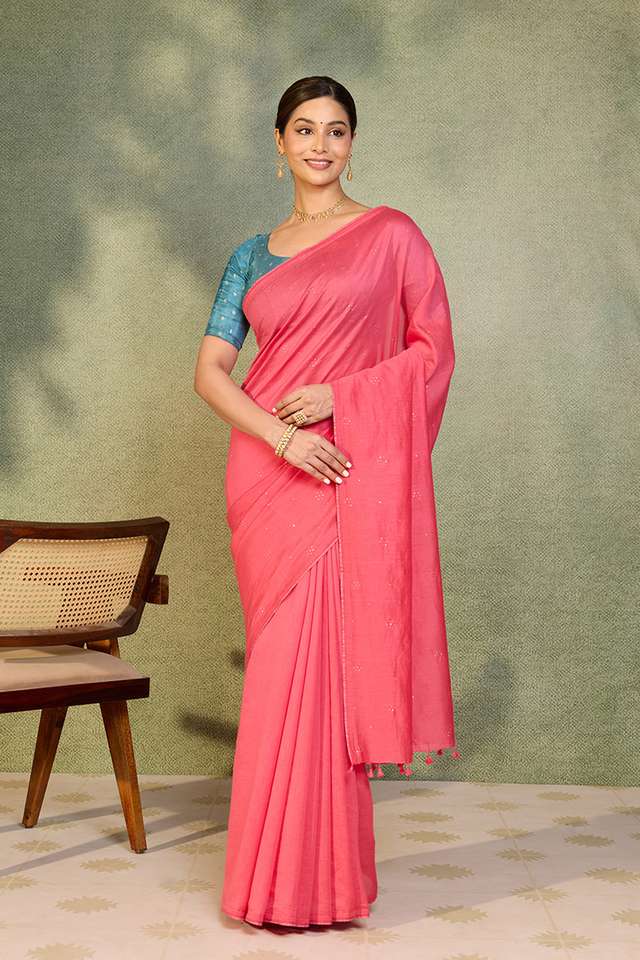 Pink Bengal Pure Silk Cotton Mukaish Embroidered Saree thumbnail image number null
