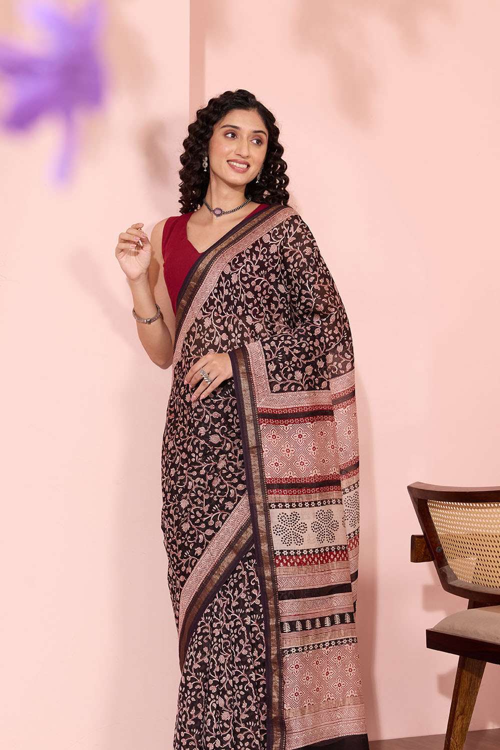 Black Bagh Block Printed Pure Silk Cotton Saree image number null