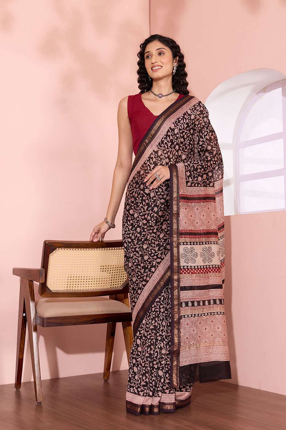 Black Bagh Block Printed Pure Silk Cotton Saree image number null