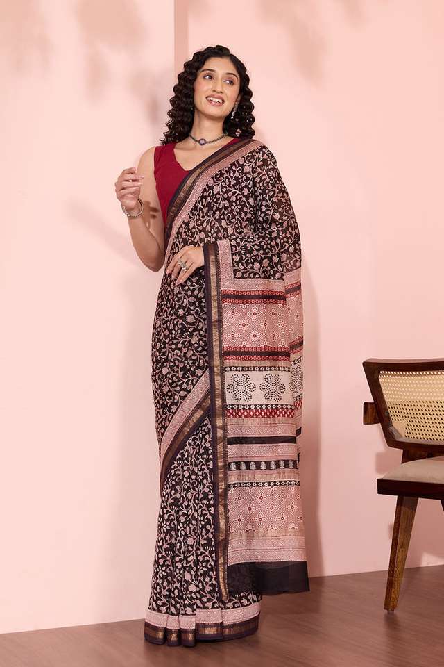 Black Bagh Block Printed Pure Silk Cotton Saree thumbnail image number null