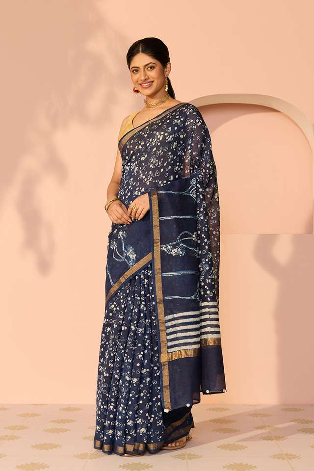 Blue Bagru Bagru Block Printed Pure Silk Cotton Saree thumbnail image number null