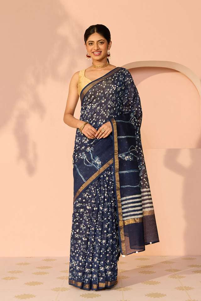 Blue Bagru Bagru Block Printed Pure Silk Cotton Saree thumbnail image number null