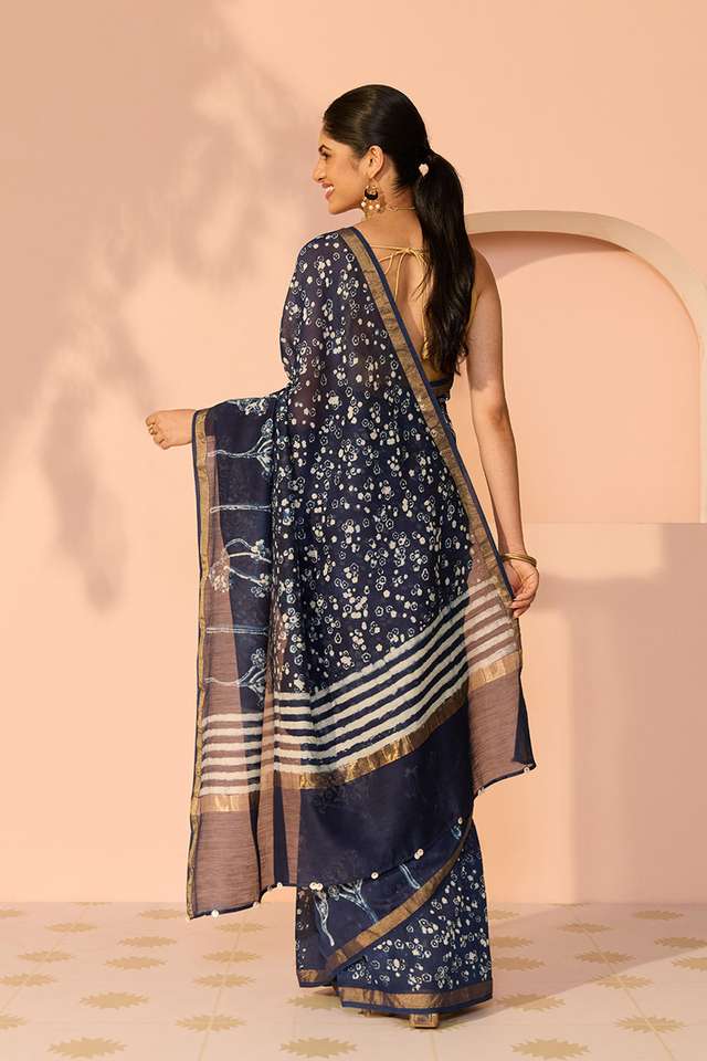 Blue Bagru Bagru Block Printed Pure Silk Cotton Saree thumbnail image number null
