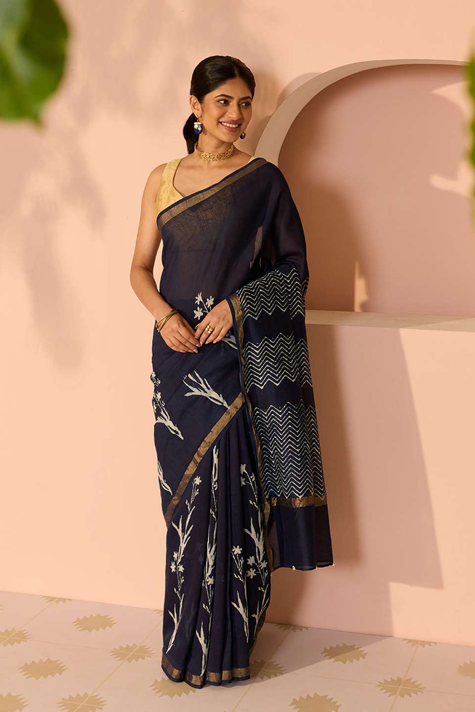 Blue Bagru Bagru Block Printed Pure Silk Cotton Saree