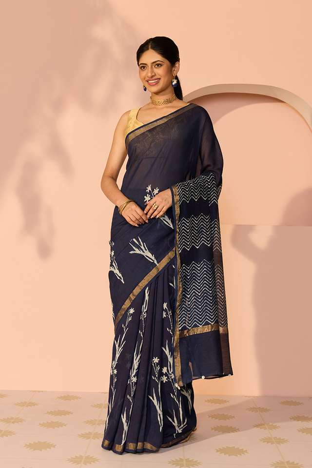 Blue Bagru Bagru Block Printed Pure Silk Cotton Saree thumbnail image number null
