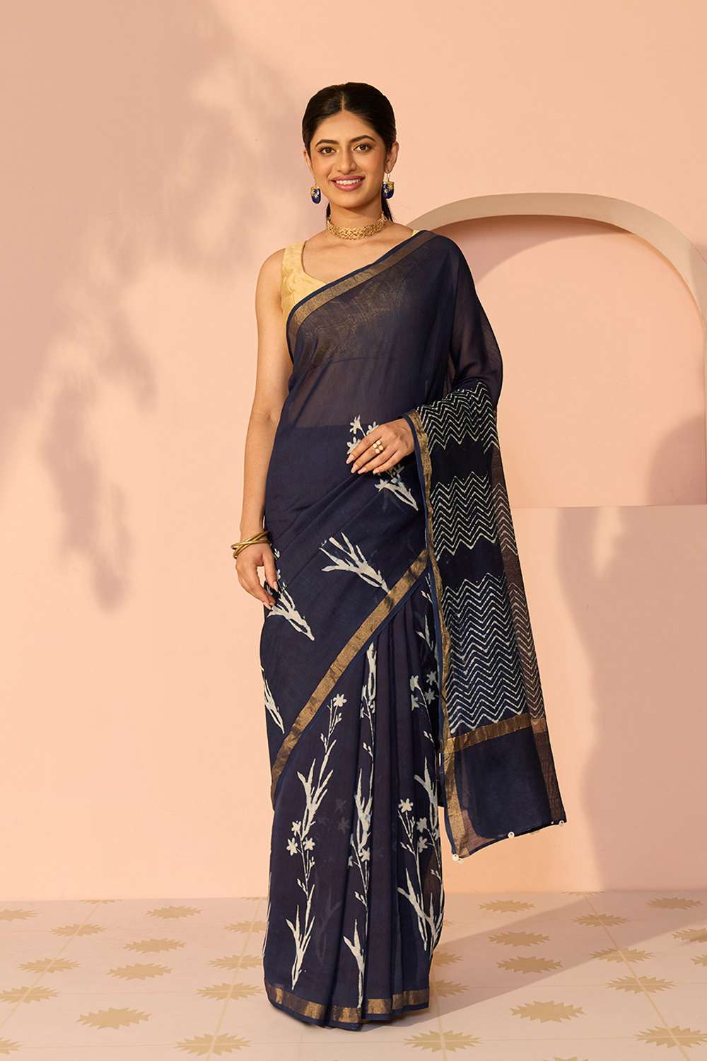 Blue Bagru Bagru Block Printed Pure Silk Cotton Saree image number null