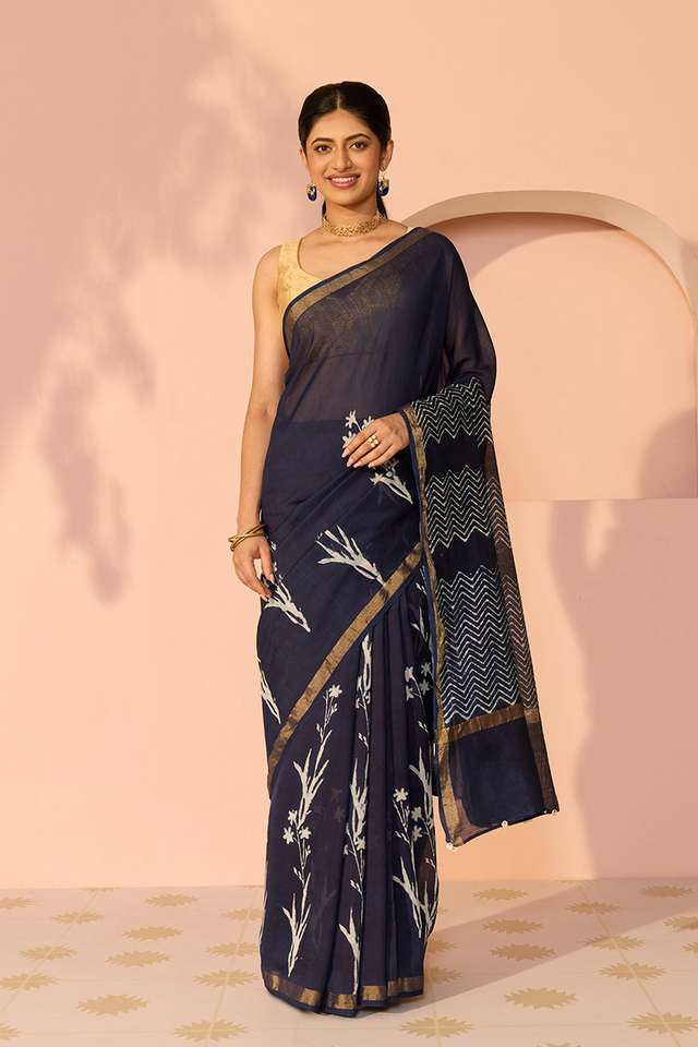 Blue Bagru Bagru Block Printed Pure Silk Cotton Saree thumbnail image number null
