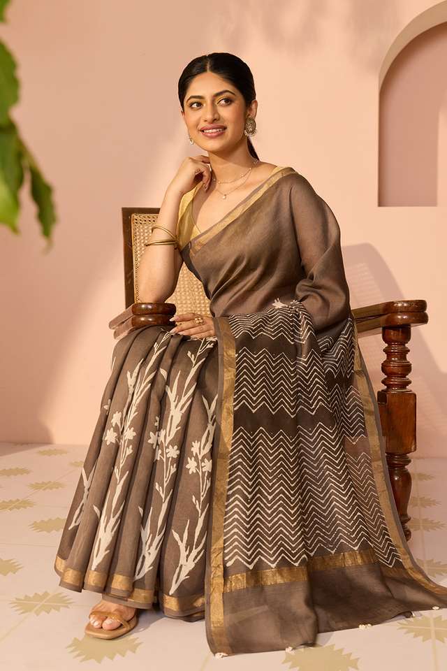 Grey Bagru Bagru Block Printed Pure Silk Cotton Saree image number