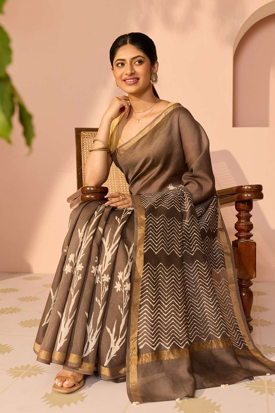 Grey Bagru Bagru Block Printed Pure Silk Cotton Saree