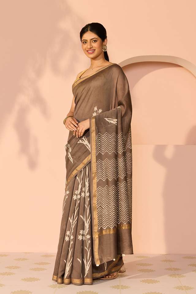 Grey Bagru Bagru Block Printed Pure Silk Cotton Saree thumbnail image number null