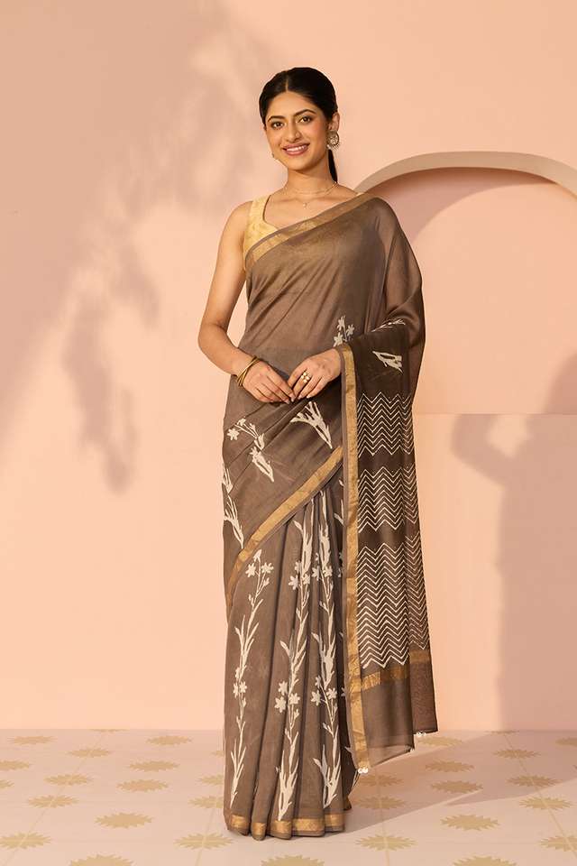 Grey Bagru Bagru Block Printed Pure Silk Cotton Saree thumbnail image number null