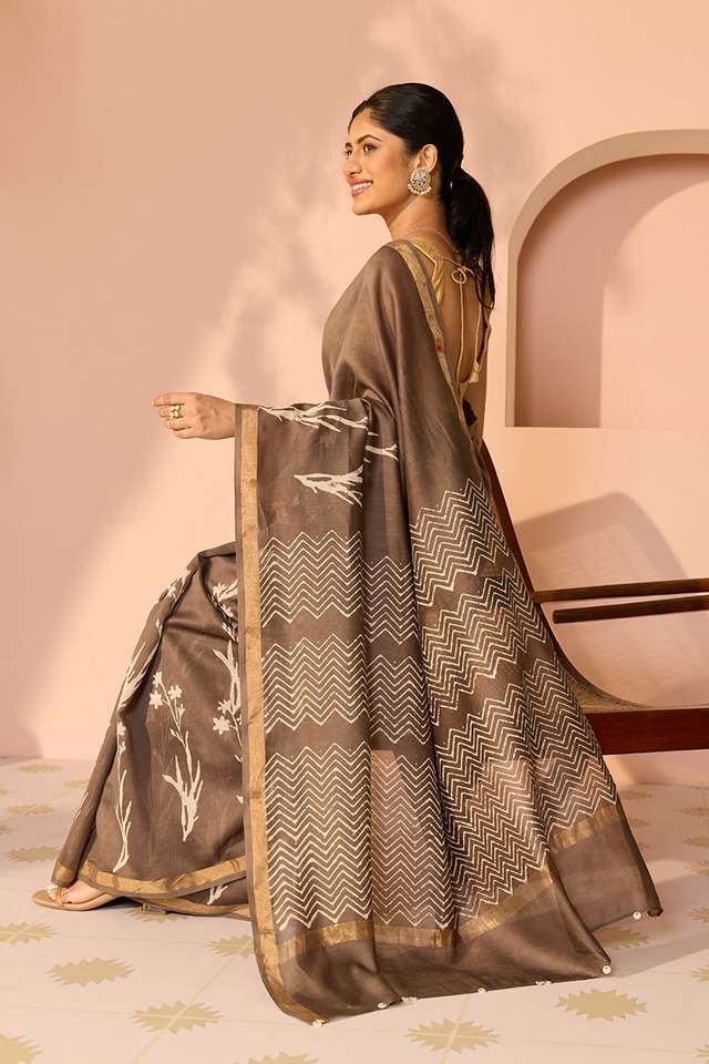 Grey Bagru Bagru Block Printed Pure Silk Cotton Saree thumbnail image number null