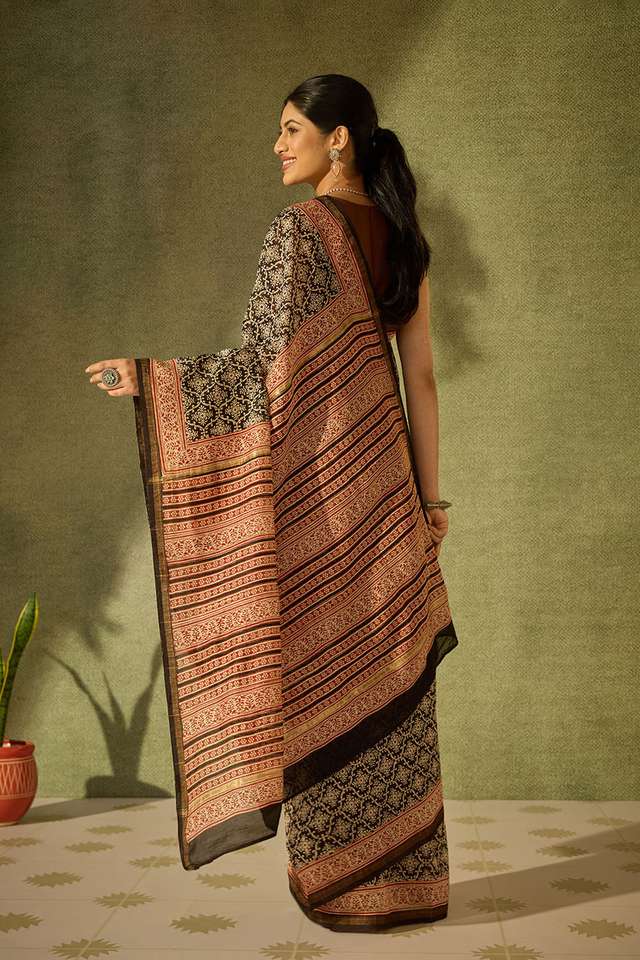 Black Bagru Bagru Block Printed Pure Silk Cotton Saree thumbnail image number null