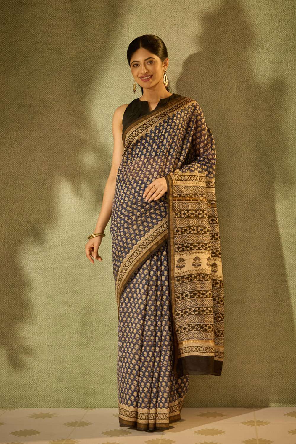 Blue Bagru Bagru Block Printed Pure Silk Cotton Saree image number null