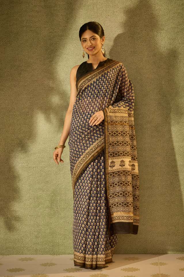 Blue Bagru Bagru Block Printed Pure Silk Cotton Saree image number