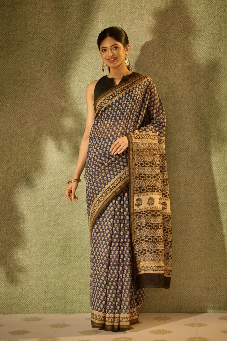 Blue Bagru Bagru Block Printed Pure Silk Cotton Saree