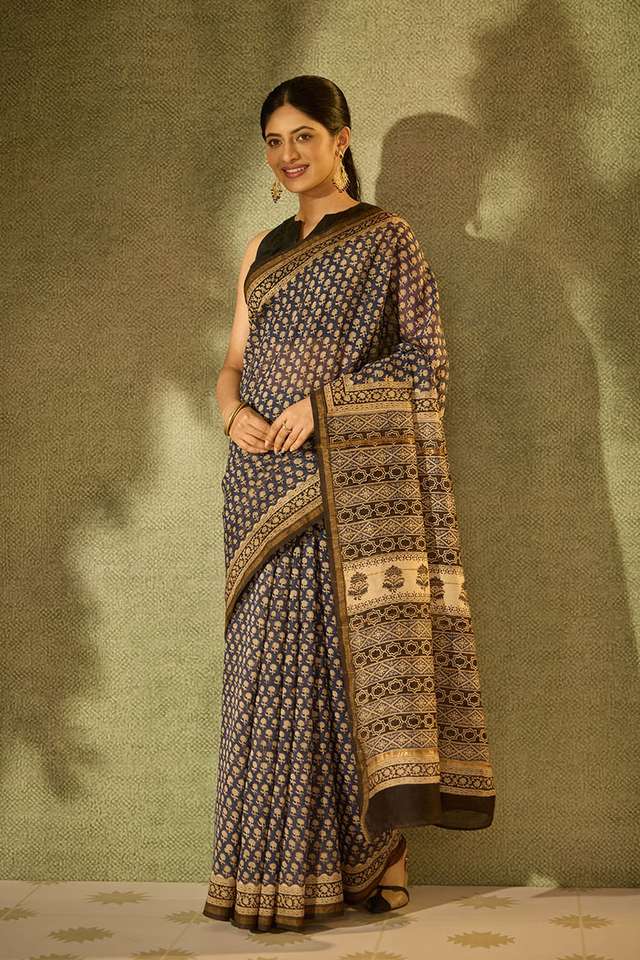 Blue Bagru Bagru Block Printed Pure Silk Cotton Saree thumbnail image number null