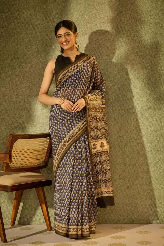 Blue Bagru Bagru Block Printed Pure Silk Cotton Saree thumbnail image number null