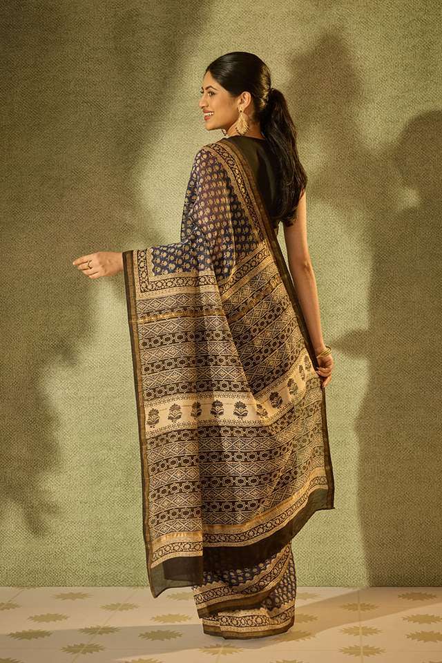Blue Bagru Bagru Block Printed Pure Silk Cotton Saree thumbnail image number null