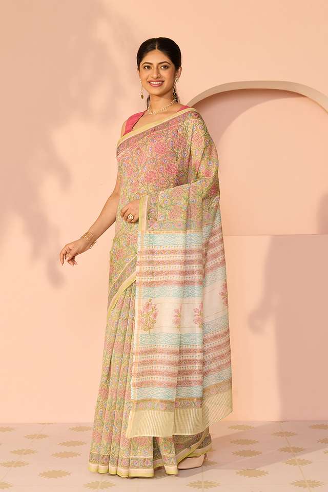 Green Bagru Pure Silk Cotton Printed Sanganeri Saree thumbnail image number null