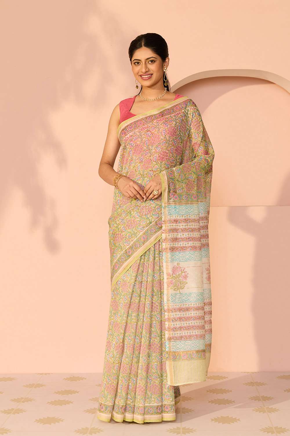 Green Bagru Pure Silk Cotton Printed Sanganeri Saree image number null