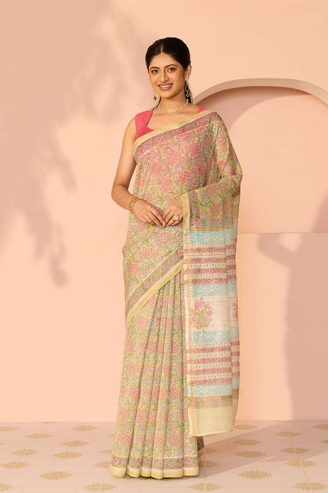 Green Bagru Pure Silk Cotton Printed Sanganeri Saree thumbnail image number null