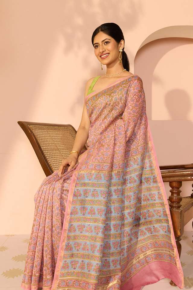 Pink Bagru Pure Silk Cotton Printed Sanganeri Saree image number