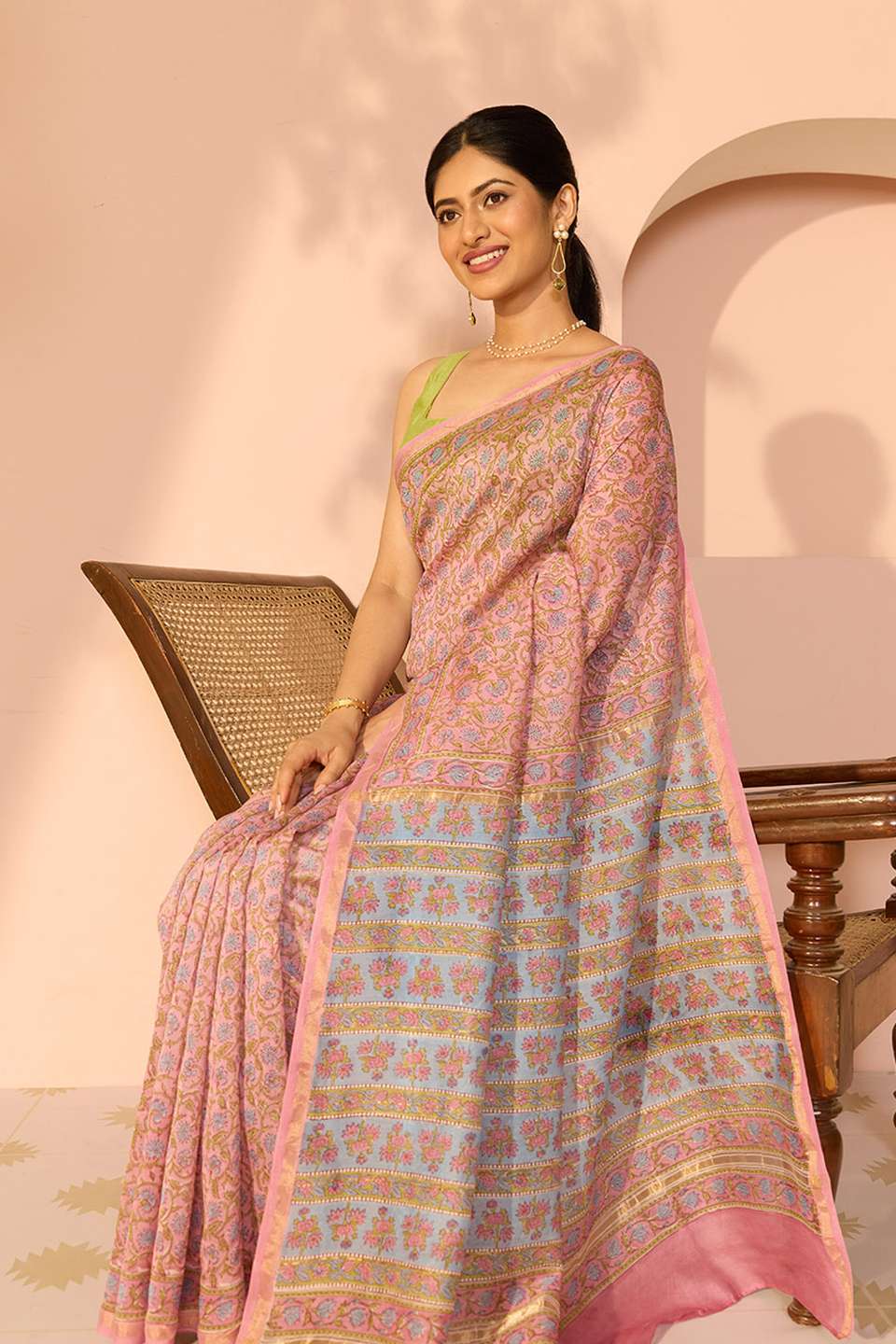 Pink Bagru Pure Silk Cotton Printed Sanganeri Saree