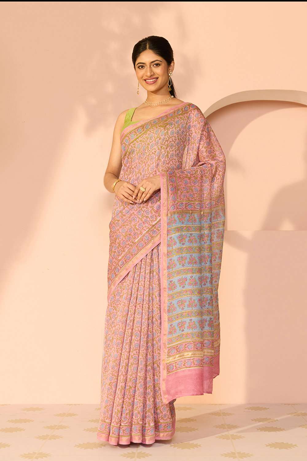 Pink Bagru Pure Silk Cotton Printed Sanganeri Saree image number null