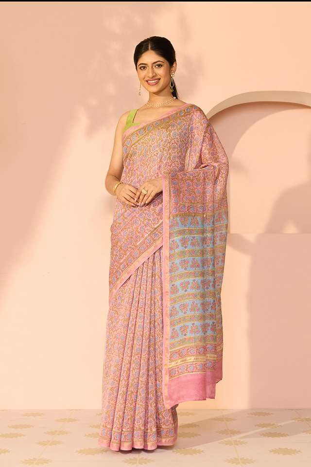 Pink Bagru Pure Silk Cotton Printed Sanganeri Saree thumbnail image number null