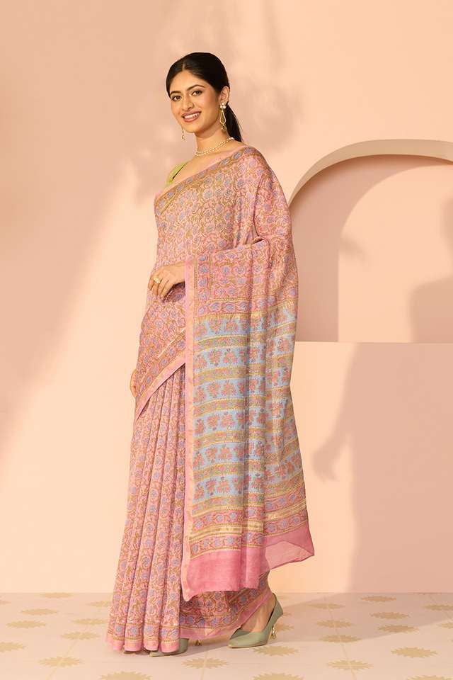Pink Bagru Pure Silk Cotton Printed Sanganeri Saree thumbnail image number null