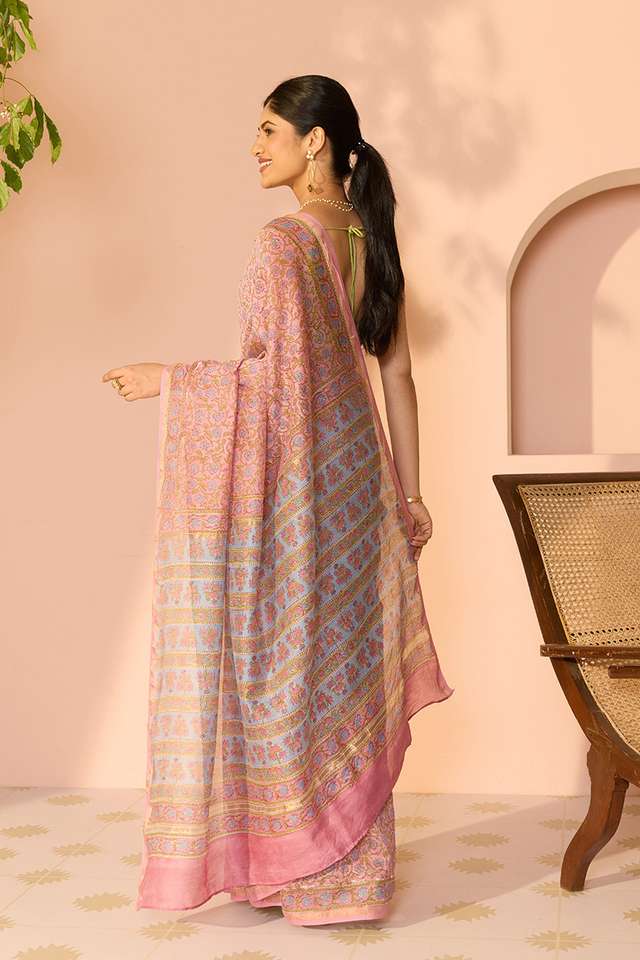 Pink Bagru Pure Silk Cotton Printed Sanganeri Saree thumbnail image number null