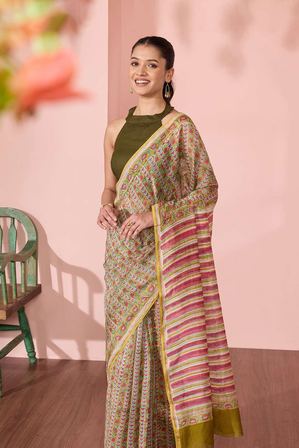 Green Rajasthan Pure Silk Cotton Printed Sanganeri Saree