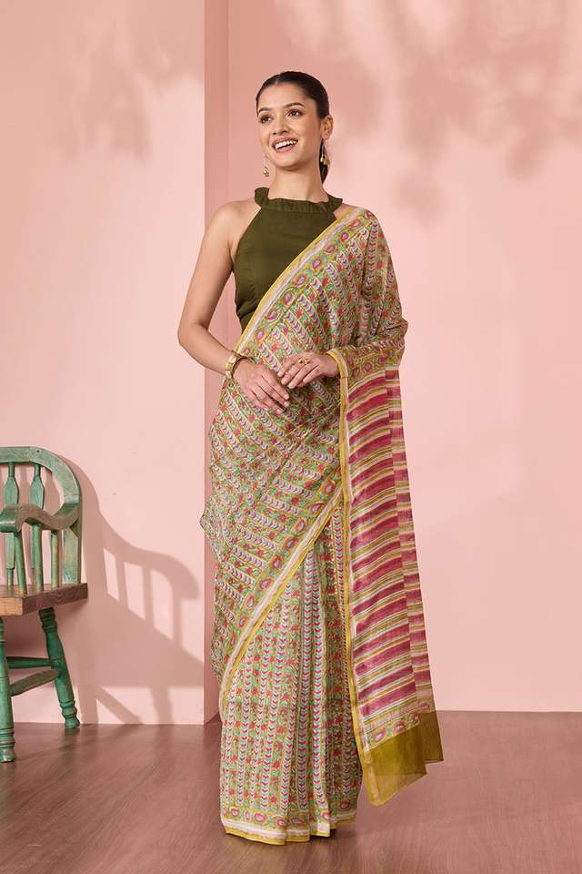 Green Rajasthan Pure Silk Cotton Printed Sanganeri Saree thumbnail image number null