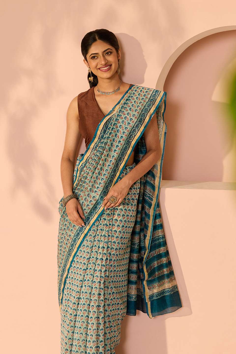 Blue Rajasthan Pure Silk Cotton Printed Sanganeri Saree